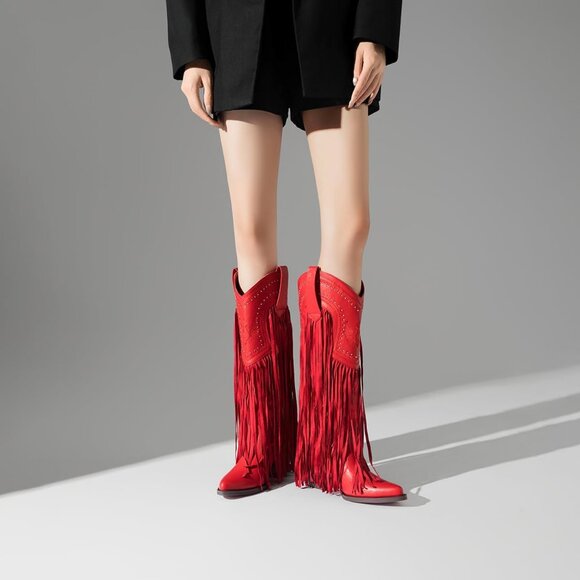 Women's Fashion Pointed Toe Chunky Pull On Knee High Heel Embroidered Red Boot - Picture 5 of 8